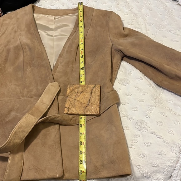 Leather Craft Process Of America Tan Suede One Button Belted Blazer Jacket - Picture 9 of 10